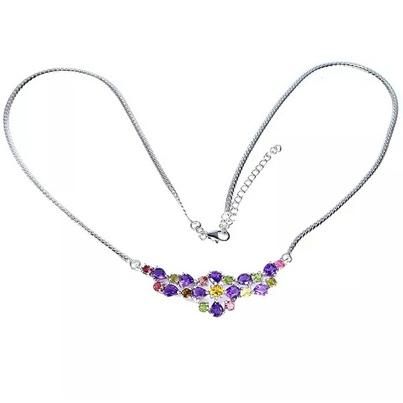 Natural Amethyst‎ 5x4mm, Citrine, Tourmaline 925 Sterling Silver Necklace - Picture 2 of 3